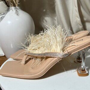 Tan Feather Thong Sandals – PU Leather, Rhinestone Embellished, Square Toe, Size
